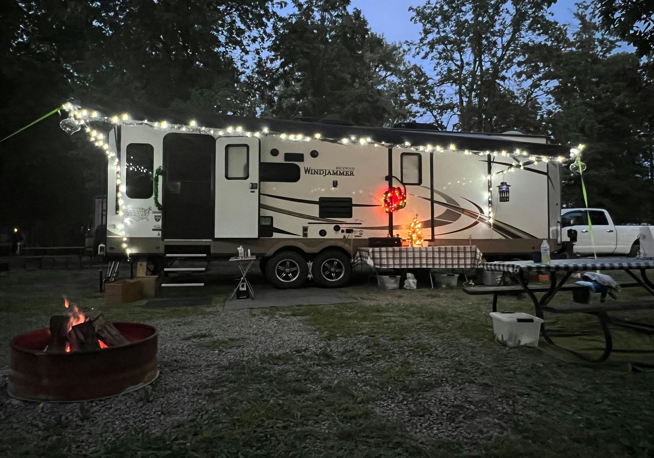 Travel trailer parked and camping